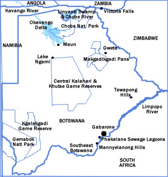 Map of Botswana showing major parks and reserves.