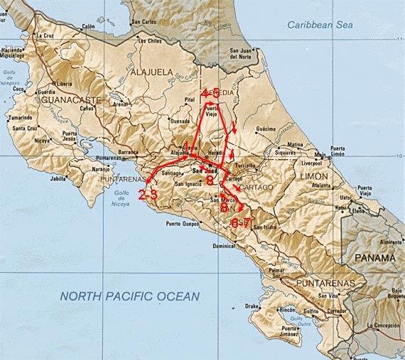 map of costa rica national parks. Tour map showing route of tour