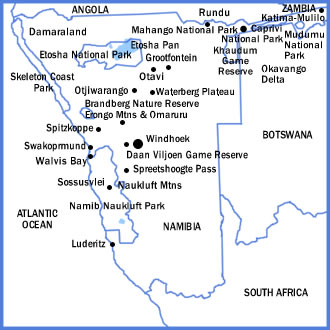 Map of Namibia showing major parks, reserves, and birding locales.