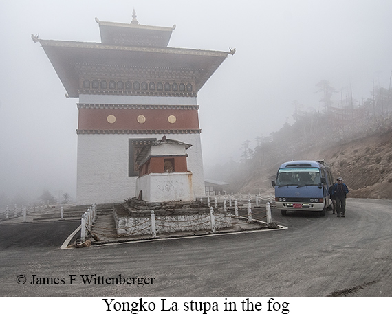 Stupa in the fog above Yongko La pass - © James F Wittenberger and Exotic Birding LLC